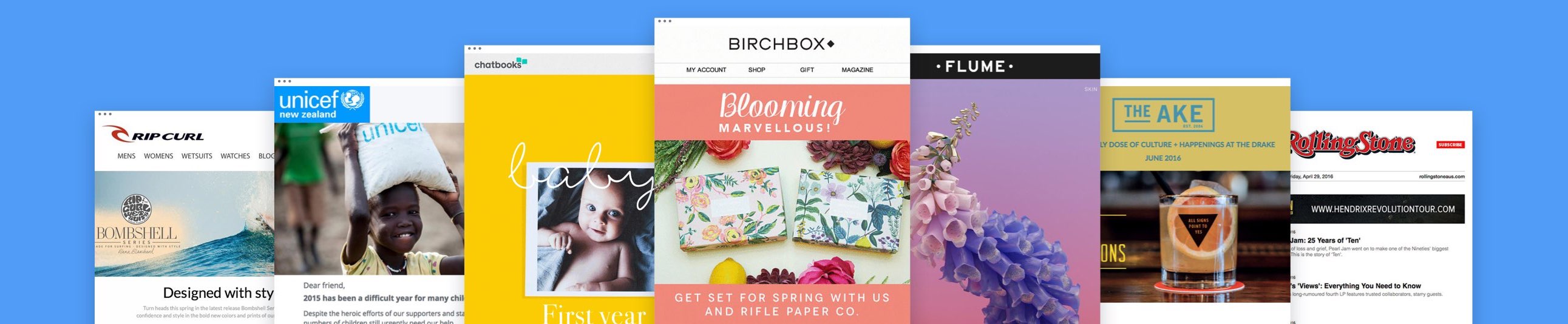 Email marketing examples - Birchbox, Flume, Chatbooks.